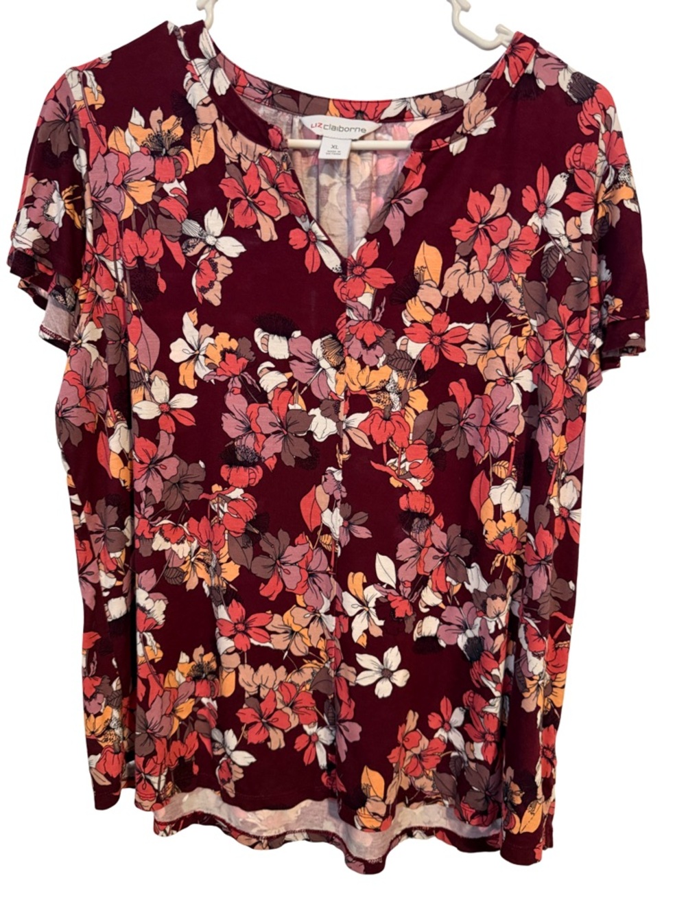Liz Claiborne Burgundy Floral V-Neck Short Sleeve Top